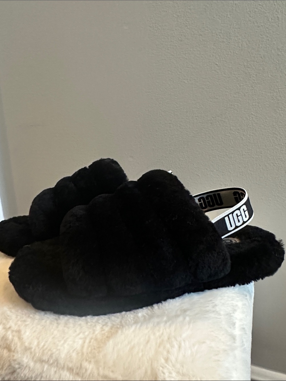 UGG Black Plush Slide with Branded Heel Strap